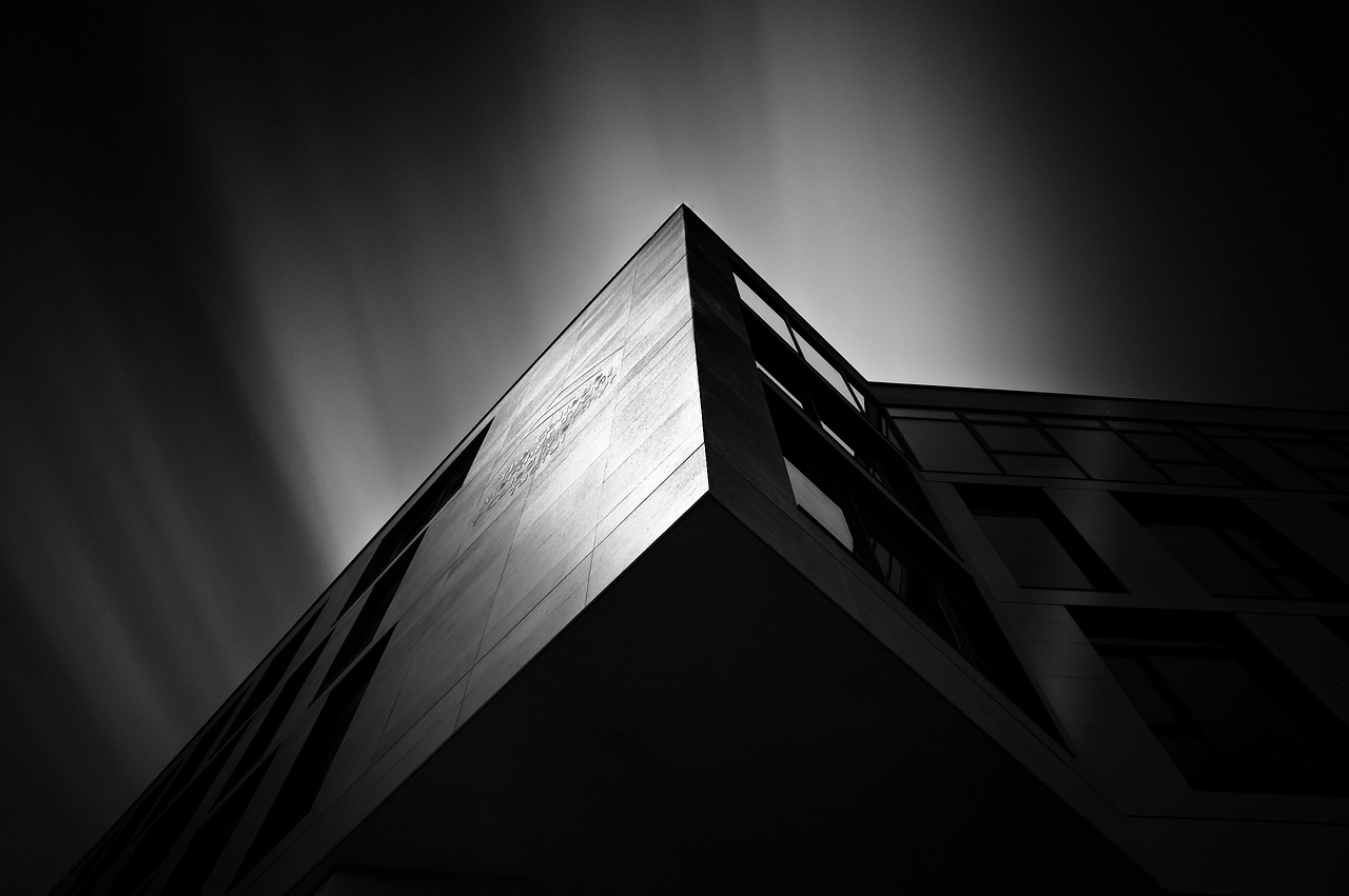 building, architecture, perspective, exterior, facade, structure, artistic, dramatic, modern, corner, rectangular, gray building, monochrome, black and white, building, building, building, building, building, architecture, corner